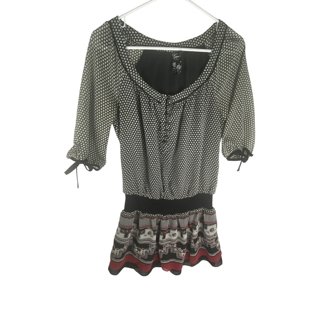 Guess Dress Juniors 3 Black White Polka Dot Puff Sleeve Boho Chiffon Mini